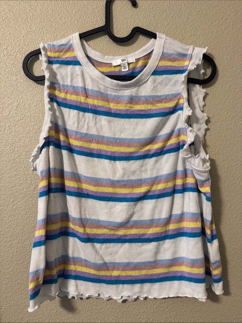 bp White Tank with Blue, Purple & Yellow Stripes